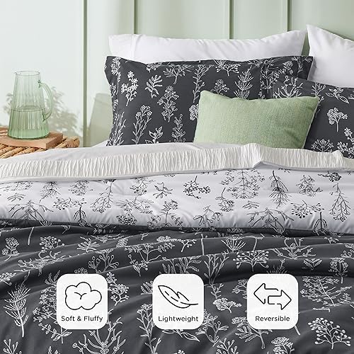 Bedsure Floral Comforter Set Cute Bedding Set California King Dark Grey - Image 3