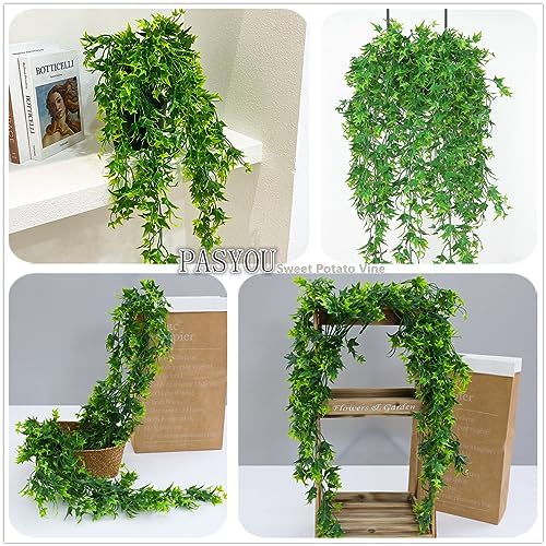 Artificial Hanging Vines, Fake Vine Plastic Plants Sweet Potato Leaves Ivy UV Resistant Greenery Décor Faux Flowers for Indoor Outdoor Garden Door Wall Wedding Party Table Decoration Green 4 Pack - Image 4