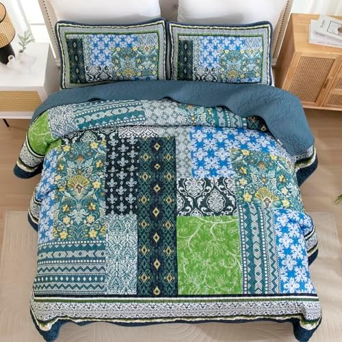 WONGS BEDDING Boho Quilt Queen, 3 Pieces Teal Patchwork Quilt Soft Coverlet Reversible Lightweight Farmhouse Quilts with 2 Pillow Shams for All Seasons (96"x90") - Image 4
