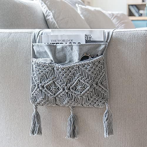 Mkono Macrame Armchair Caddy, Boho Couch Armrest Organizer, 4 Pockets Grey by Mkono