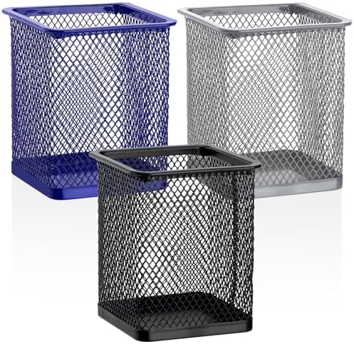 Segarty Pen Cup, 3 Pack Assorted Colors Square Pen Holder for Desk, Wire Mesh Pencil Cups Holder Desktop Accessories Organizer for Office Supplies, School, Home, Makeup Brush (Black Silver Purple) by Segarty
