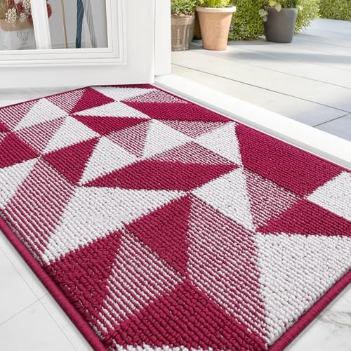 OLANLY Door Mat Indoor Entrance Washable 32x20, Odor-Free Low-Profile Front Back Geometric Doormat, Absorbent Resist Dirt Entry Carpet, Easy to Clean Sturdy Inside Floor Mats for Entryway, Burgundy by OLANLY