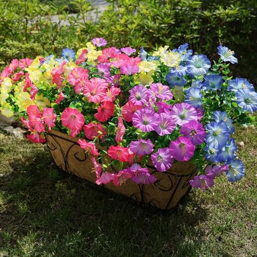 HyeFlora Artificial Flowers for Outdoors Fake Plants Outside Decoration, 12 Bundles Silk Colorful Morning Glory with Eucalyptus UV Resistant Realistic Faux Flowers for Planter Porch Patio Yard Indoor - Image 2