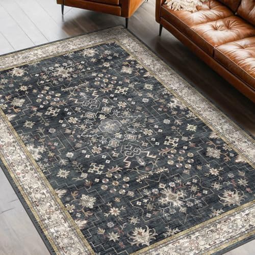 Black Boho Living Room Rug 5x7, Washable Dark Vintage Moody Low Pile Non Slip Carpet for Bedroom, Dinning Room, Office, Farmhouse, Retro Area Rug Indoor Decor (5x7 Black/Multi) by HazoHaus