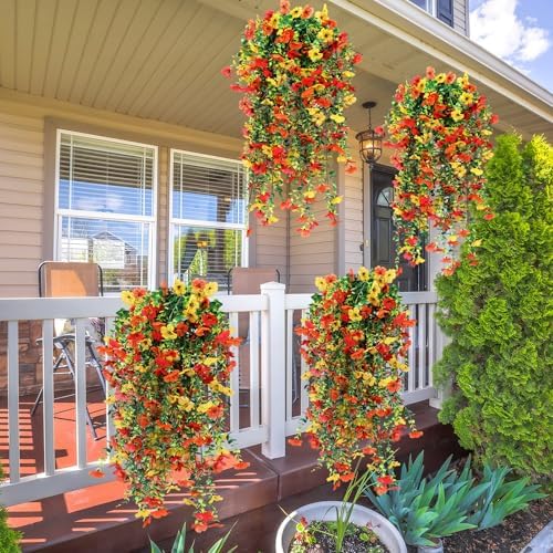 6 Pcs Fall Artificial Hanging Flower Outdoor, Red, Yellow, Orange - Image 5