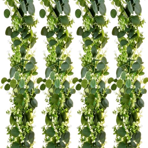 Eucalyptus Garland with White Flowers 4Pack: 5.9Ft Artificial Faux Greenery Vines for Table Runner Wedding Bedroom Mantle Centerpieces Backdrop Decorations - Image 2