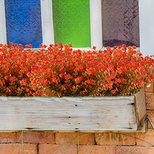 6PCS Artificial Eucalyptus Plants,Fake Boxwood Shrubs UV Resistant No Fade Faux Plastic Bridal Bouquet Indoor Outdoor Home Garden Kitchen Office Table Vase(Fall Orange), Brown Orange - Image 2