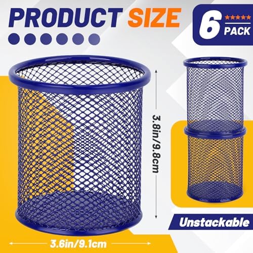 Segarty Pen Cup, 6 Pack Round Cute Dark Blue Pen Holder for Desk, Wire Mesh Pencil Holder Container Set, Desktop Organizer for Office Supplies, Maker, School, Home Storage, Makeup Brush - Image 2