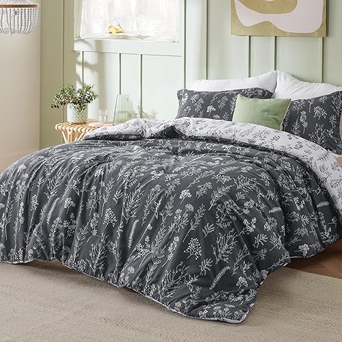 Bedsure Floral Comforter Set Cute Bedding Set California King Dark Grey - Image 2