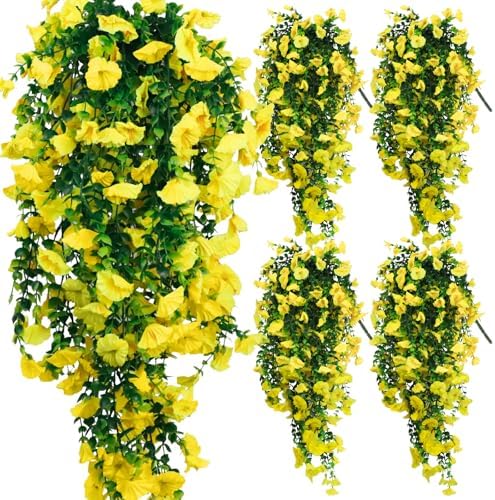 4-Pack Fake Hanging Plants, Faux Hanging Plant Artificial Greenery for Living Room Bedroom Boho Wall Shelf Indoor Outdoor Decor (Yellow Morning Glory) by Unknown