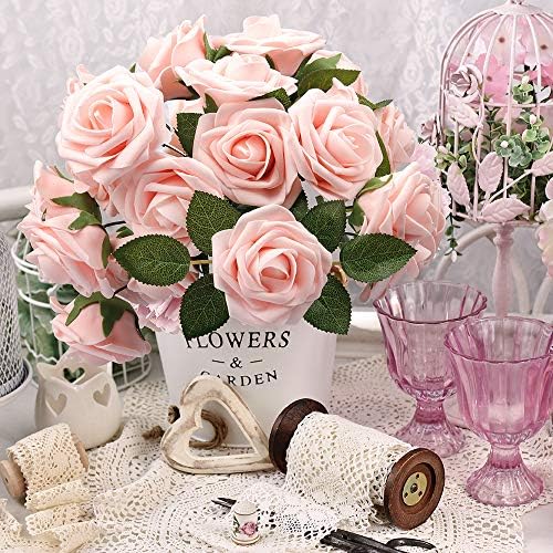 Mocoosy 50Pcs Artificial Roses Flowers, Blush Pink Roses Artificial Flowers Foam Fake Roses with Stem for Wedding Bridal Bouquets Party Centerpieces Artificial Flowers Crafts DIY Home Decoration - Image 5