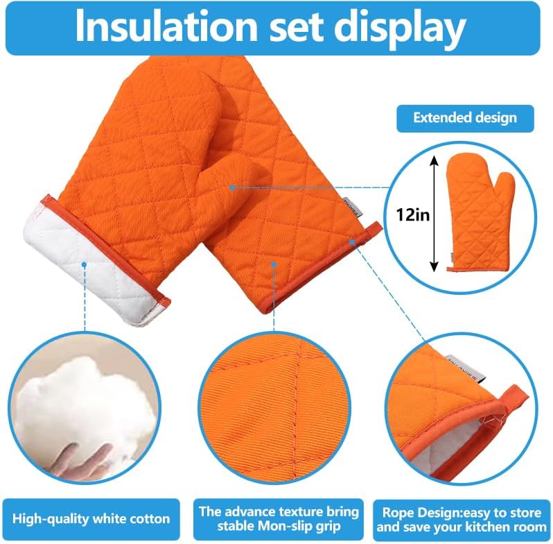 Oven Mitts and Pot Holders 4 pcs Set,High Heat Resistant 500 Degree Extra Thicken Long Kitchen Cotton Oven Glove for Cooking (12 Inch,Orange)… - Image 3