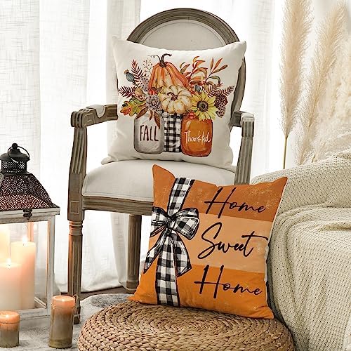 AVOIN colorlife Fall Pumpkin Home Sweet Home Throw Pillow Covers, 18 x 18 Inch Autumn Thankful Grateful Blessed Harvest Floral Orange Decorations for Sofa Couch Set of 4 - Image 4
