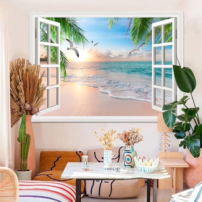 Xiaoput Nature Landscape Tapestry, Cozy Outside of Window Tropical Palm Tree Beach Sea Mew Sunset Scenery Tapestry Wall Hanging, Colorful Bedroom Living Room Dorm Decor 90x70 in - Image 2