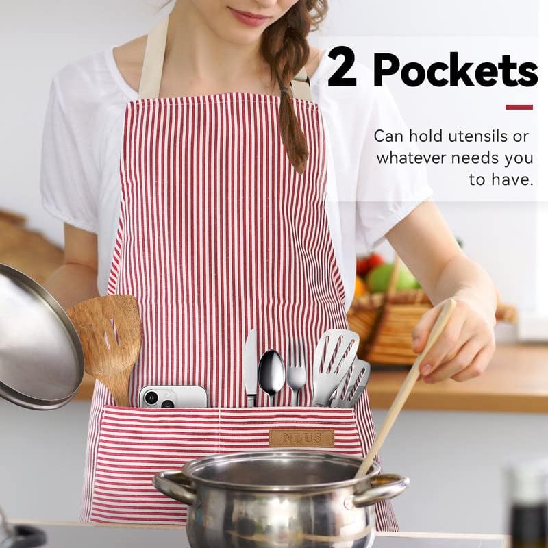 NLUS 2 Pack Kitchen Cooking Aprons, Adjustable Bib Soft Chef Apron with 2 Pockets for Men Women (Blue Pinstripes/Pink Pinstripes) - Image 6