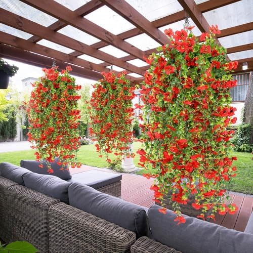 6 Pcs Fall Artificial Hanging Flowers Outdoor, Red - Image 4