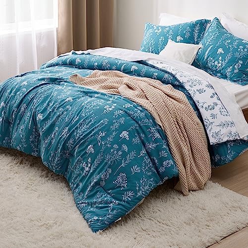 Bedsure Floral Comforter Set Cute Bedding Set Full Reversible Teal Blue - Image 2