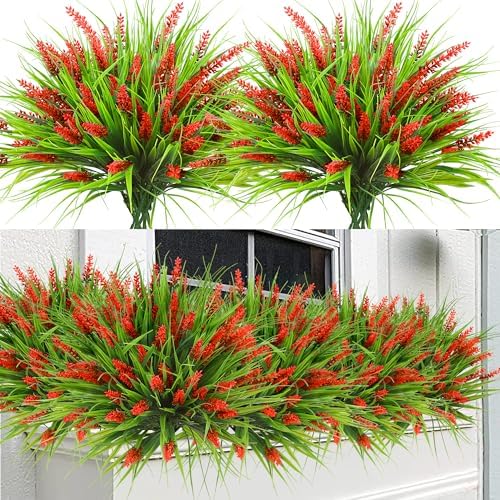Sggvecsy 12 Bundles Artificial Plants Outdoor Faux Lavender Flowers Fake Monkey Grass UV Resistant Plastic Greenery Plants for Garden Home Porch Window Patio Hanging Planter Indoor Decor (Red) by Sggvecsy