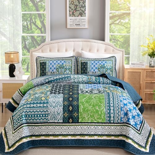 WONGS BEDDING Boho Quilt Queen, 3 Pieces Teal Patchwork Quilt Soft Coverlet Reversible Lightweight Farmhouse Quilts with 2 Pillow Shams for All Seasons (96"x90") by WONGSBEDDING