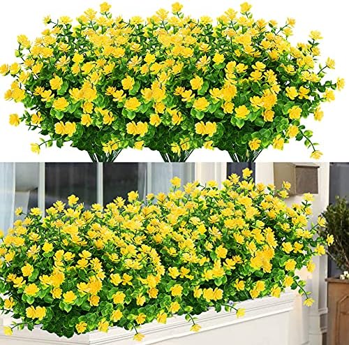 6 Bundles Outdoor Artificial Flowers UV Resistant Fake Boxwood Plants, Faux Plastic Greenery for Indoor Outside Hanging Plants Garden Porch Window Box Home Wedding Farmhouse Decor (Yellow) by ArtBloom