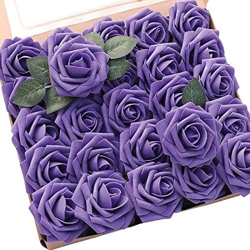 Floroom Artificial Flowers 25pcs Real Looking Violet Purple Foam Fake Roses with Stems for DIY Wedding Bouquets Bridal Shower Centerpieces Floral Arrangements Party Tables Home Decorations by Floroom