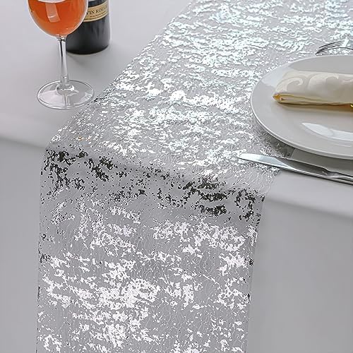 Snowkingdom 2 Pieces Silver Table Runner, Sequin Glitter Foil Metallic Thin Mesh Runner Roll 11"x108", Silver Table Decorations Centerpiece for Wedding Birthday Party Christmas - Image 3