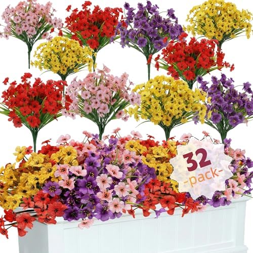 Geegoods 32 Bundles Artificial Mums Flowers for Outdoors, Mix 4 Colors by GeegoodsLLC