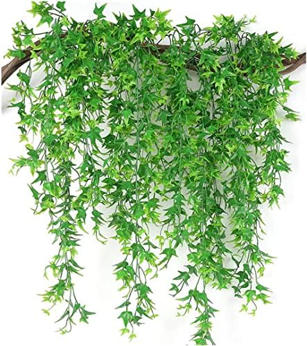 Artificial Hanging Vines, Fake Vine Plastic Plants Sweet Potato Leaves Ivy UV Resistant Greenery Décor Faux Flowers for Indoor Outdoor Garden Door Wall Wedding Party Table Decoration Green 4 Pack by PASYOU