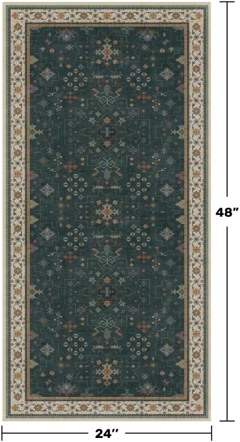 Dark Green Oushak 2x4 Entryway Rug - Modern Vintage Boho Eclectic Floral Pastel, Washable Low Pile Non-Slip Small Throw Area Rugs for Door Mat Indoor Entrance, Kitchen, Bathroom, Bedroom, Laundry - Image 2