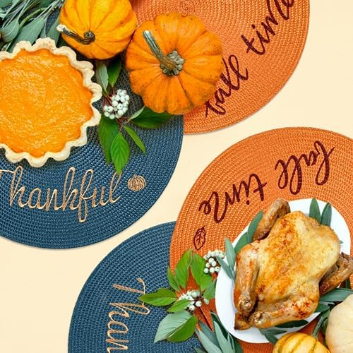 FunWheat Round Placemats Set of 6 Table Mats for Thanksgiving Tables Washable Non-Slip Place mats 15 Inch for Fall(Orange Fall,6pcs) - Image 4