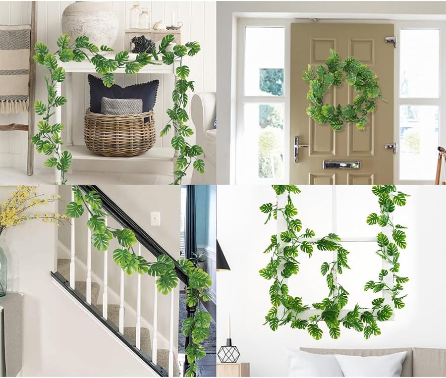 RECUTMS 6Pc Artificial Monstera Leaves Vine 5.9FT Plastic Palm Ivy Garland - Image 4