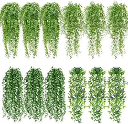 Daifunli 12 Pcs Artificial Hanging Plants Fake Hanging Ferns Plastic Fake Plant for Wall Room Garden Garland Indoor Outdoor Decor No Basket (Mandala, Willows, Fuchsia, String of Pearls) by Huiinen