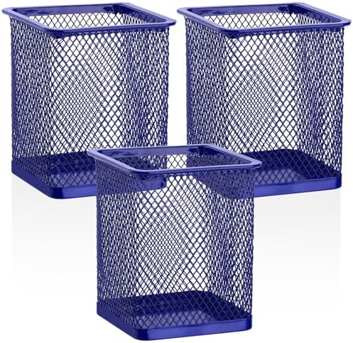 Segarty Pen Holder for Desk, 3 Pack Square Dark Blue Pen Cup Holder, Wire Mesh Pencil Container Set Desktop Organizer for Office Supplies, School, Home Table Accessories, Makeup Brush by Segarty