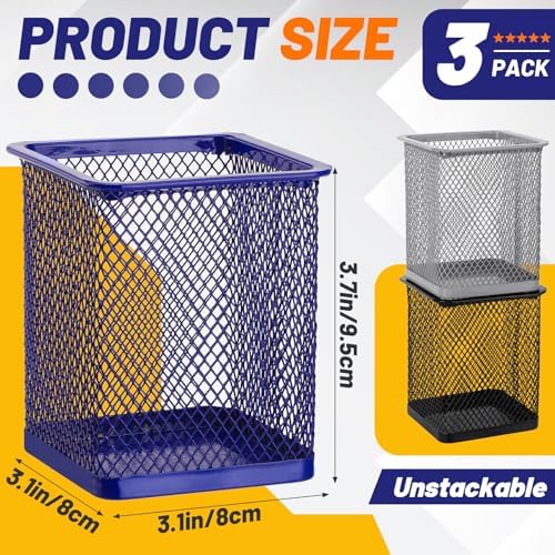 Segarty Pen Cup, 3 Pack Assorted Colors Square Pen Holder for Desk, Wire Mesh Pencil Cups Holder Desktop Accessories Organizer for Office Supplies, School, Home, Makeup Brush (Black Silver Purple) - Image 2