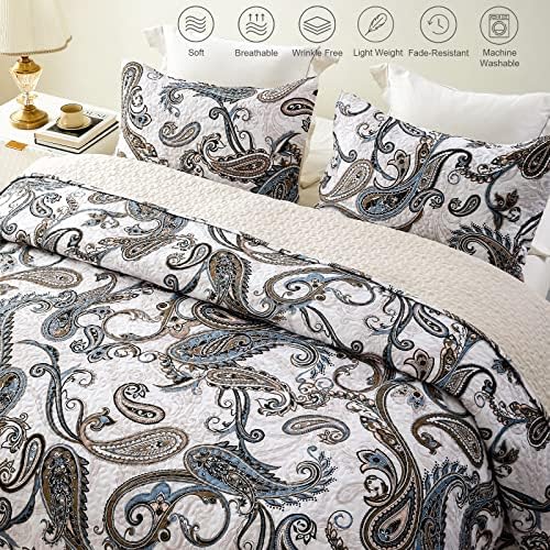 Whale Flotilla California King Size Quilt Set, Soft Boho Paisley Bedspreads - Image 3