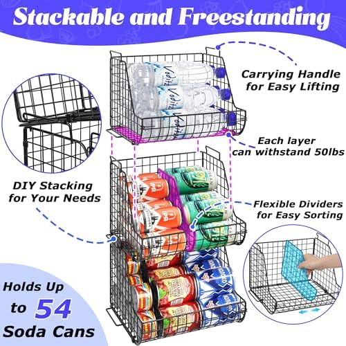 Stacking Can Dispensers 3 Tier with 3 Divider, Large Pantry Can Organizer, Beverage Drink Pop Soda Can Storage Basket, Can Holders for Pantry, Canned Food Rack Wire Bins for Kitchen Cabinet (3-Pack) - Image 3