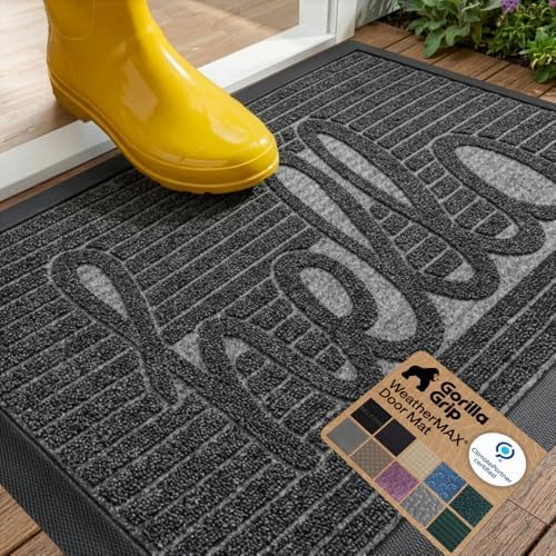 GORILLA GRIP WeatherMAX Door Mat, Indoor Outdoor, 29x17, Dark Gray Hello by GorillaGrip