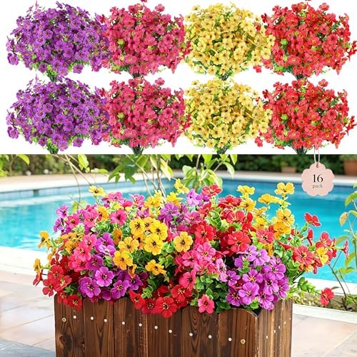 Artificial Flowers for Outdoors, 16 Bundles UV Resistant Realistic Faux Silk Flowers, Fake Plants for Outside Planter Front Porch Patio Balcony Window Box Garden Yard Farmhouse by Playieer