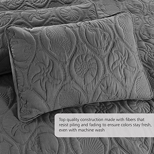 Pure Bedding Quilt Set King/Cal King/California King Size Dark Grey - Oversized Bedspread - Microfiber Coverlet - Includes 1 Quilt and 2 Shams, Ocean Star Pattern - Image 3