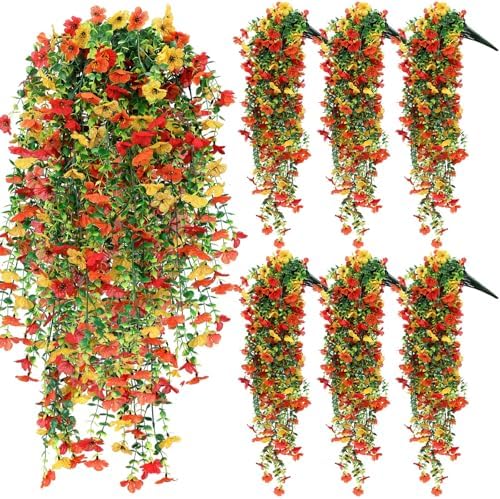 6 Pcs Fall Artificial Hanging Flower Outdoor, Red, Yellow, Orange by FineCheer