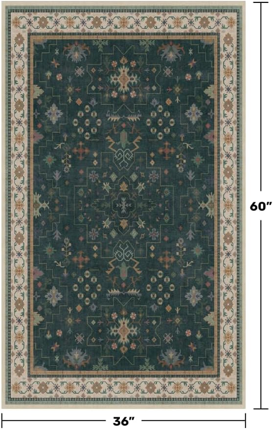 Dark Green Oushak 3x5 Large Entryway Rug - Modern Vintage Boho Eclectic Floral Pastel, Washable Low Pile Non-Slip Area Rugs for Door Mat Indoor Entrance, Kitchen, Bedroom Beside Bed, Laundry - Image 2