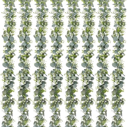 8 Pack Eucalyptus Garland, Faux Plant Artificial Greenery Garland with White Flowers 5.9Ft Eucalyptus Vine Table Centerpiece Decor Fake Vines for Home Mantle Party Wedding Decor Indoor/Outdoor by YOUNGLEAVES