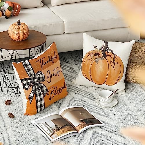 AVOIN colorlife Fall Pumpkin Home Sweet Home Throw Pillow Covers, 18 x 18 Inch Autumn Thankful Grateful Blessed Harvest Floral Orange Decorations for Sofa Couch Set of 4 - Image 3