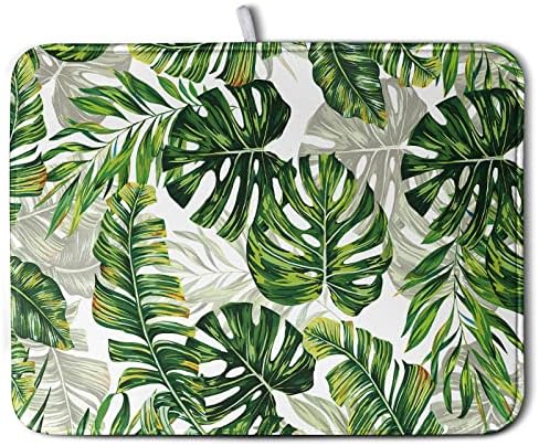 Tropical Palm Leaves Dish Drying Mat for Kitchen Counter 18x24 Inch, Green Monstera Kitchen Drying Mat,Watercolor Herbs Dishes Pad Dish Drainer Rack Mats Absorbent Fast Dry Kitchen Accessories by Kwlegh
