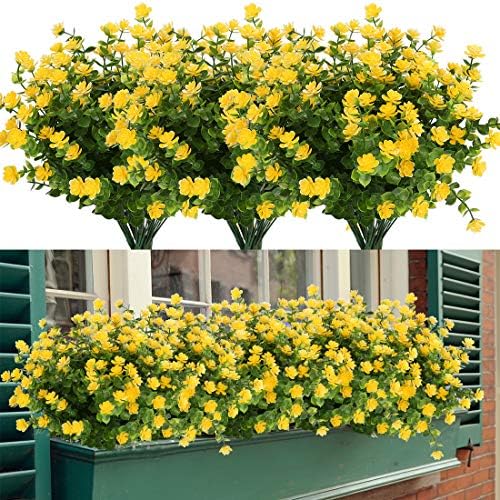 8 Bundles Artificial Flowers, Fake Artificial Greenery UV Resistant No Fade Faux Plastic Plants for Wedding Bridle Bouquet Indoor Outdoor Home Garden Kitchen Office Table Vase (Yellow) by HAPLIA