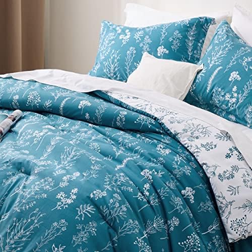 Bedsure Floral Comforter Set Cute Bedding Set Full Reversible Teal Blue - Image 3