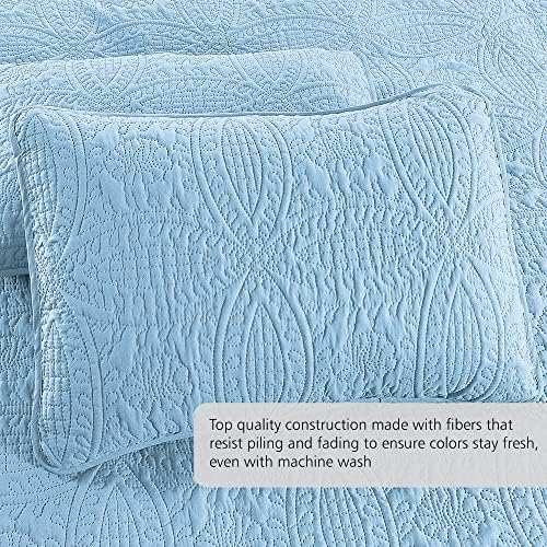 Pure Bedding Quilt Set Full/Queen Size Sky Blue - Oversized Bedspread - Soft Microfiber Lightweight Coverlet for All Season - 3 Piece Includes 1 Quilt and 2 Shams, Geometric Pattern - Image 3