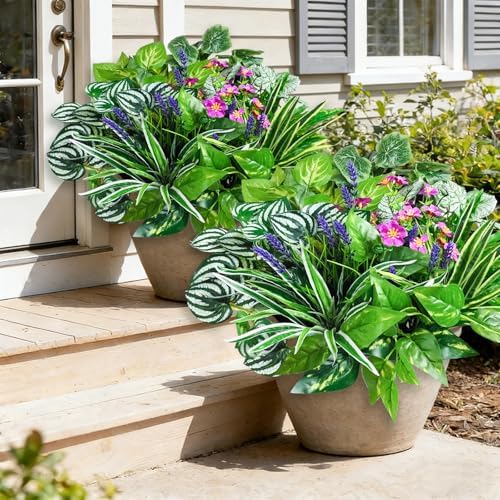 24 Pcs Artificial Plants for Outdoors Faux Greenery Leaves UV Resistant Realistic Plastic Large Bunches Shrubs Bushes with Flowers, Fake Plants Decor Outdoor for Front Porch Door Patio Garden Yard by Cherica