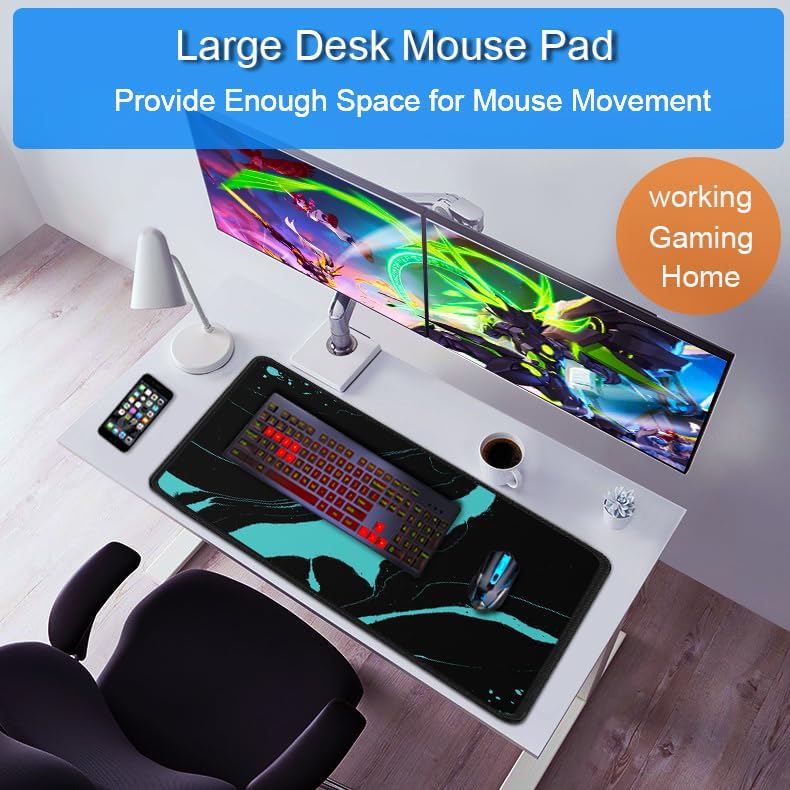 Gaming Mouse Pad, 31.5x15.7 inch Large Extended Computer Keyboard Mouse Mat, Water Resist Non-Slip Mousepad Rubber Base Long XXL Desk Mouse Pad for Work & Gaming, Office & Home, Black Blue - Image 6