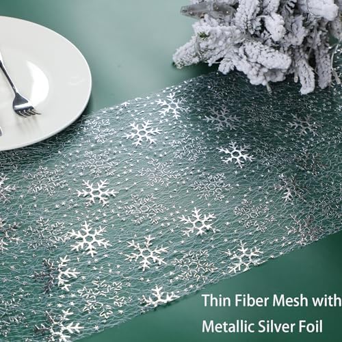 Snowkingdom Christmas Snowflake Silver Table Runner 11 Inch x 100 Feet Sparkly Silver Foil Glitter Metallic Mesh Dining Table Decorations for Seasonal Winter Xmas Festival Holiday Home Party - Image 3